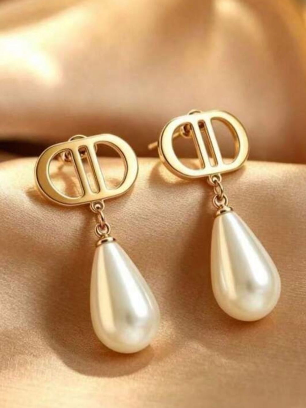 Gold Tone Drop Earrings with Cream Teardrop Faux Pearls